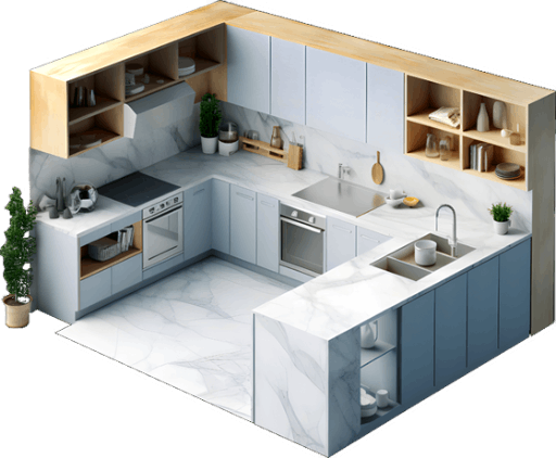 3D-rendered modular kitchen with marble surfaces.